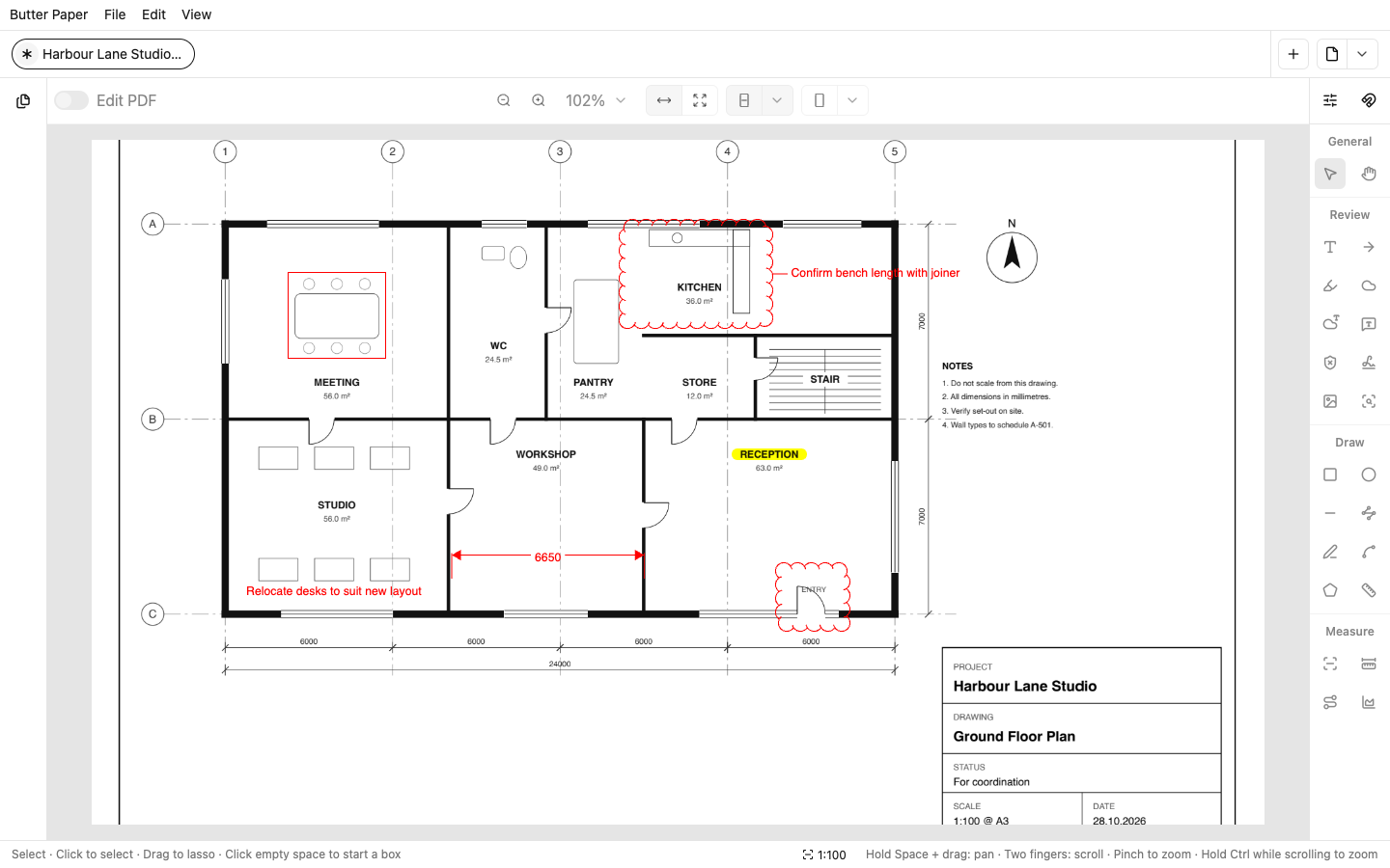 Markups on a floor plan: clouds, a dimension, a highlight and a note