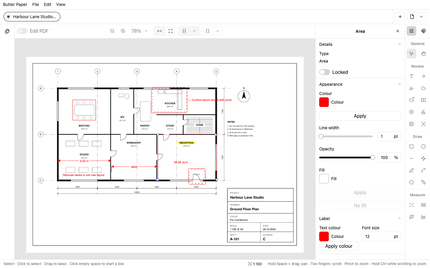 Length and area measurements on a scaled floor plan, with the area's properties open