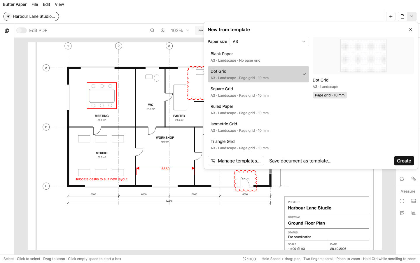 The New from template picker with grid paper templates